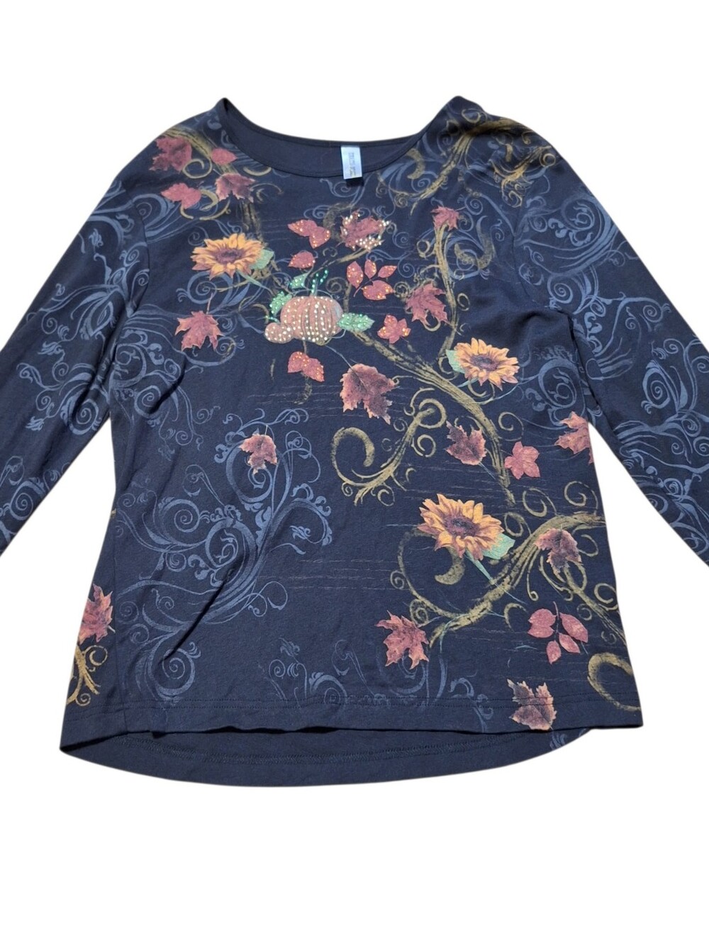 Endless Designs Rhinestone AOP Halloween Fall Sunflower Top Size XL Vtg